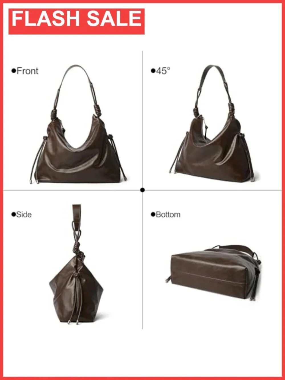 Large Hobo Shoulder Bag Soft Oil Waxed Vegan PU Knotted Strap Tote Purse